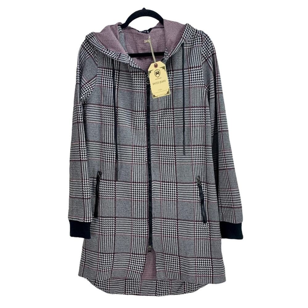 Ron Tomson RNT23 | NWT | S | Knit Houndstooth Plaid Long Zip-Up Hooded Jacket
